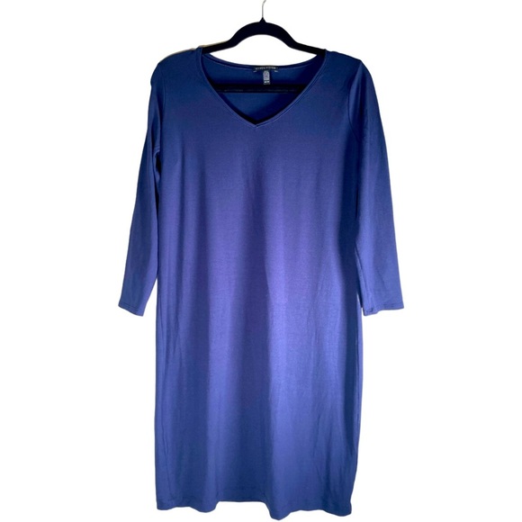 Eileen Fisher Dresses & Skirts - Eileen Fisher Viscose Blue V-Neck Pull Over Dress Sz XS Minimalist 3/4 Sleeves